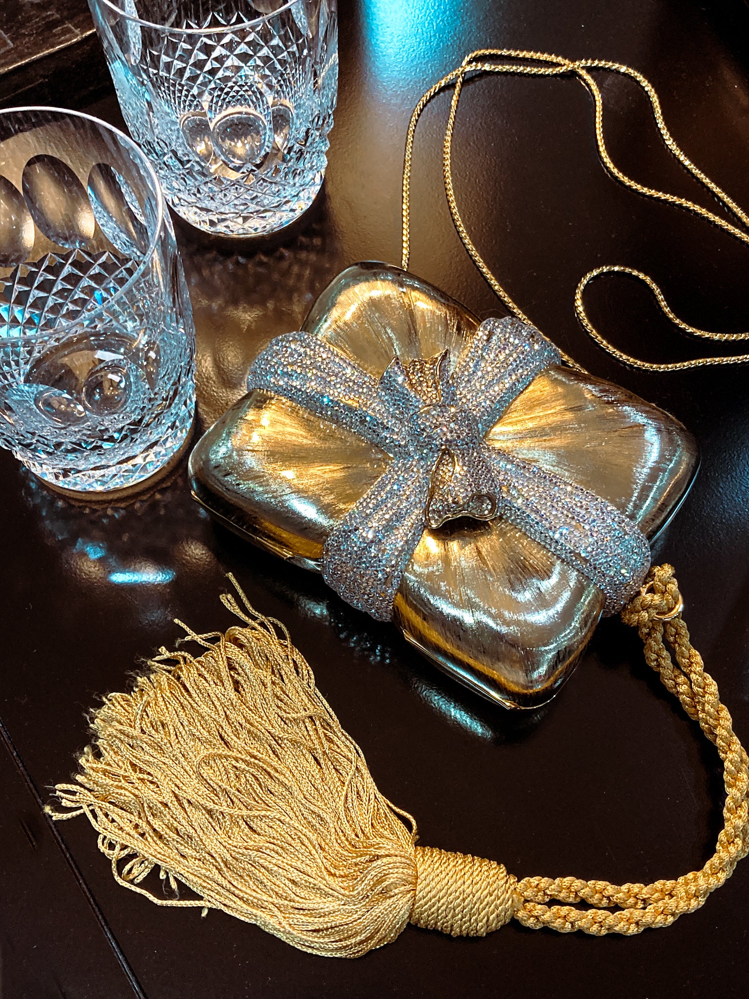 Vintage Judith Leiber Swarovski Crystal Gold Present Large Tassel Crossbody Clutch Bag
