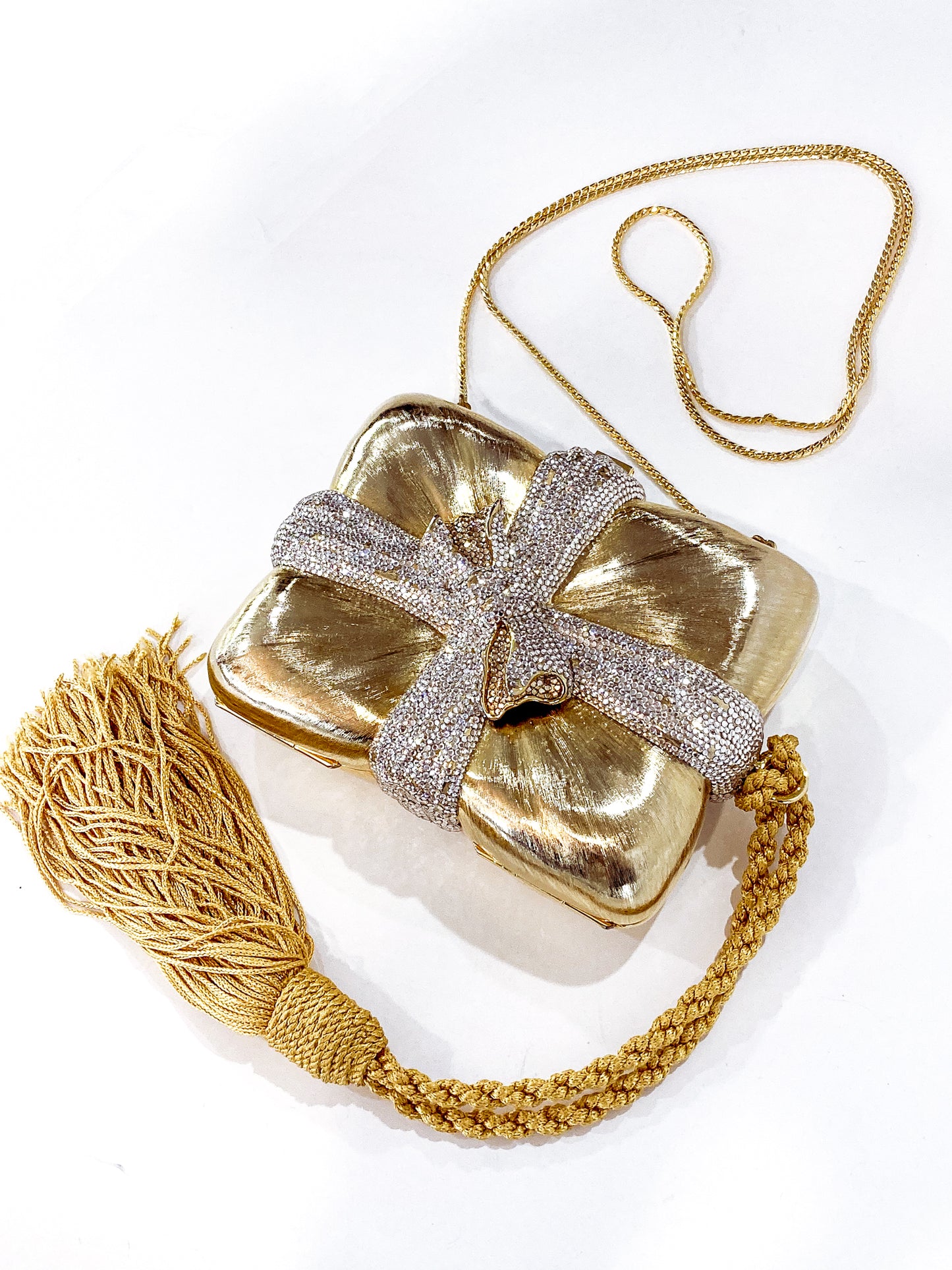 Vintage Judith Leiber Swarovski Crystal Gold Present Large Tassel Crossbody Clutch Bag