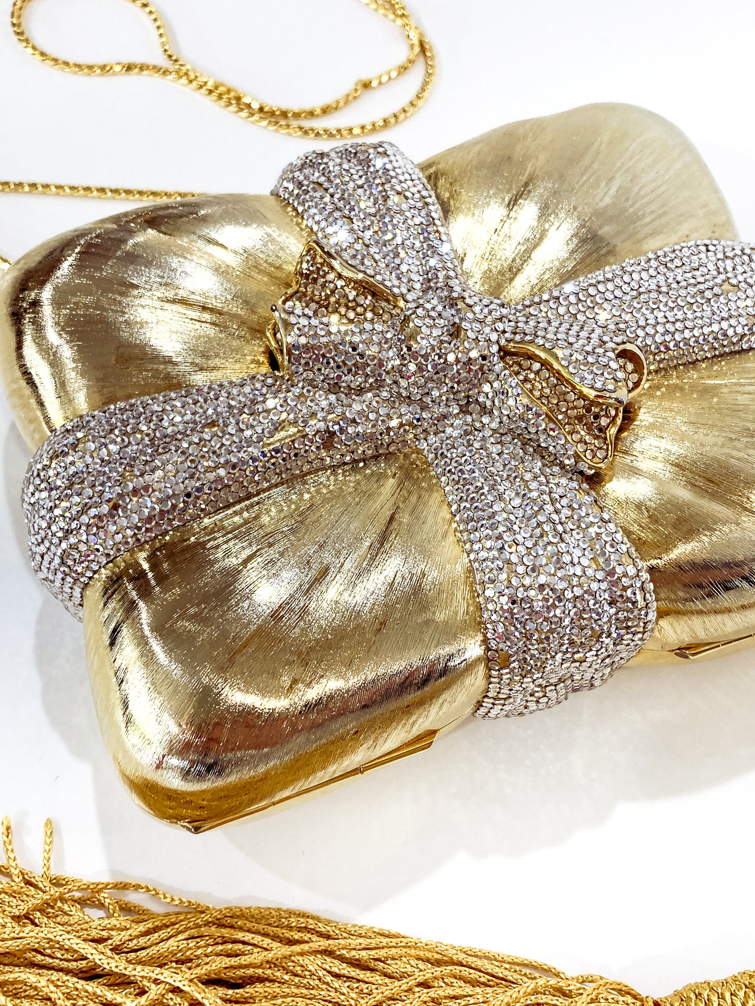 Vintage Judith Leiber Swarovski Crystal Gold Present Large Tassel Crossbody Clutch Bag