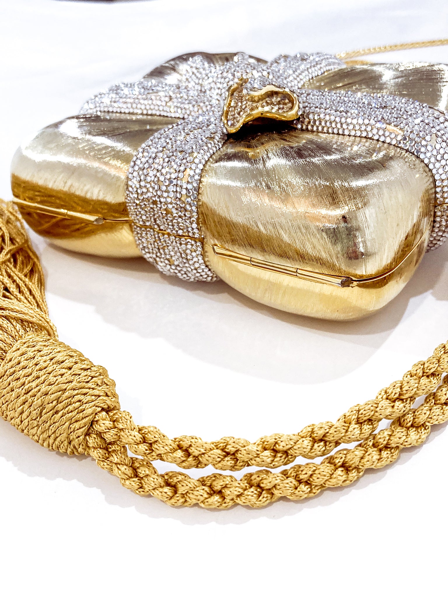 Vintage Judith Leiber Swarovski Crystal Gold Present Large Tassel Crossbody Clutch Bag