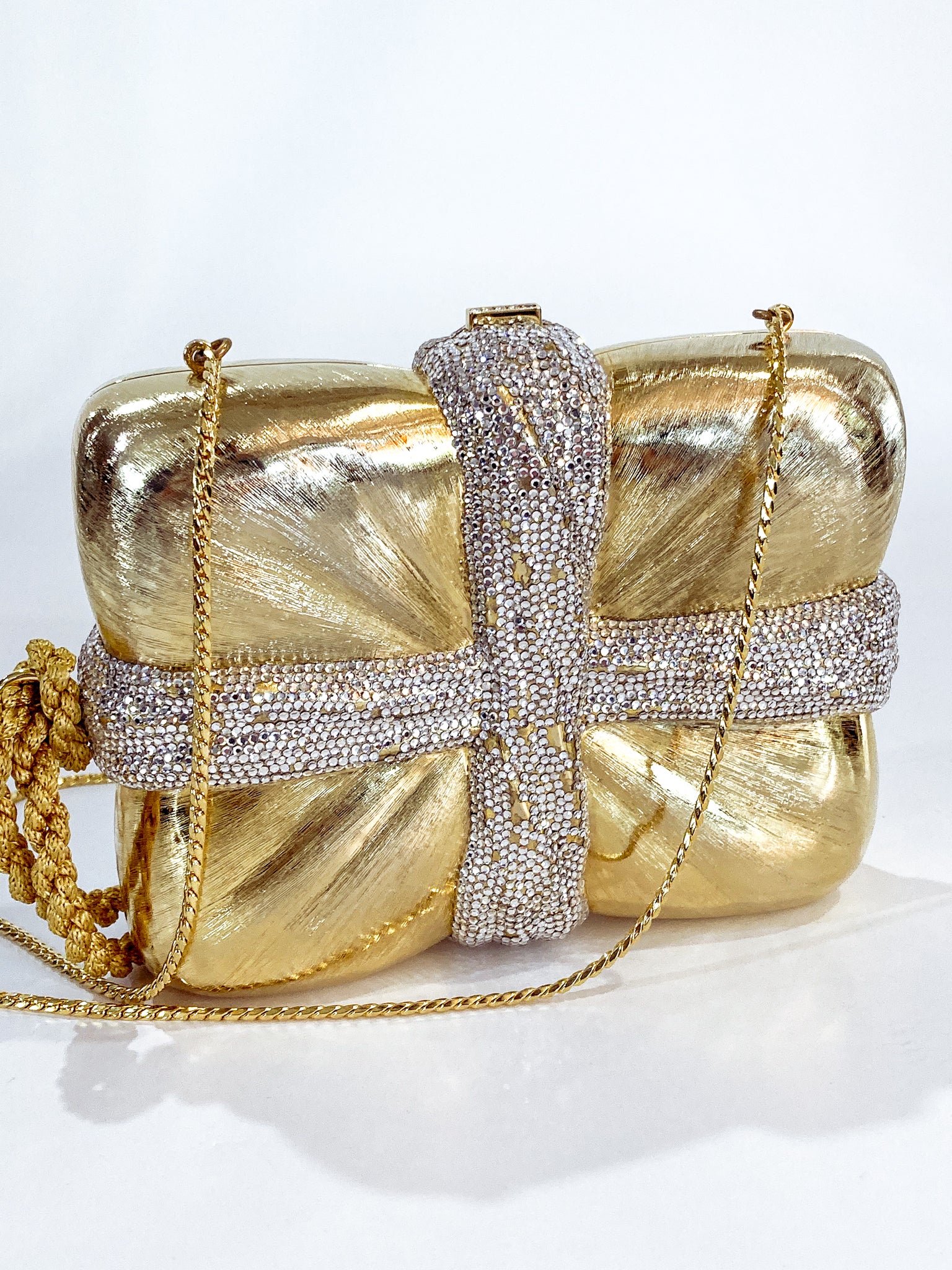 Vintage Judith Leiber Swarovski Crystal Gold Present Large Tassel Crossbody Clutch Bag