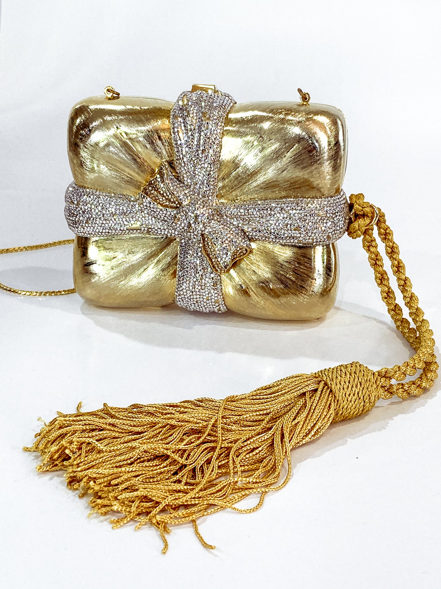 Vintage Judith Leiber Swarovski Crystal Gold Present Large Tassel Crossbody Clutch Bag