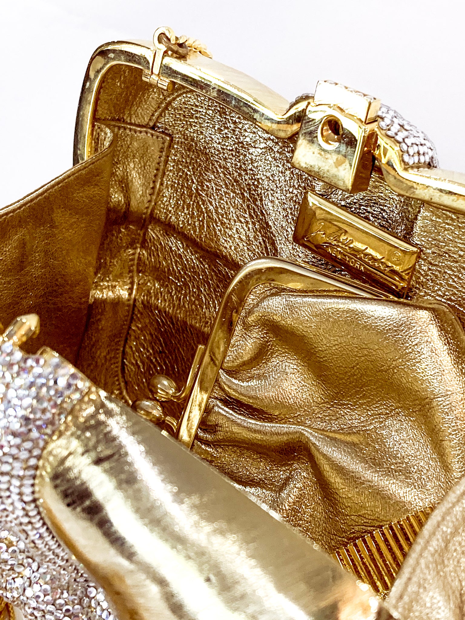Vintage Judith Leiber Swarovski Crystal Gold Present Large Tassel Crossbody Clutch Bag