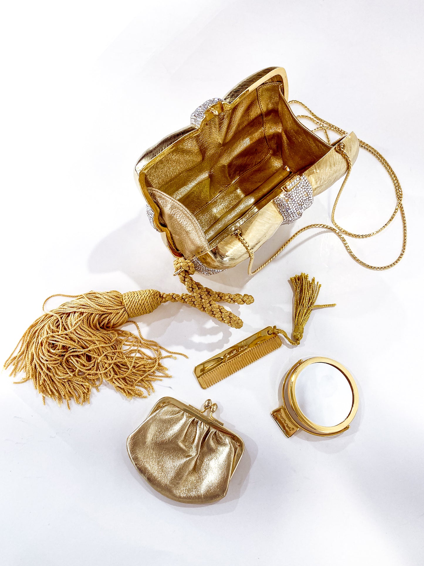 Vintage Judith Leiber Swarovski Crystal Gold Present Large Tassel Crossbody Clutch Bag