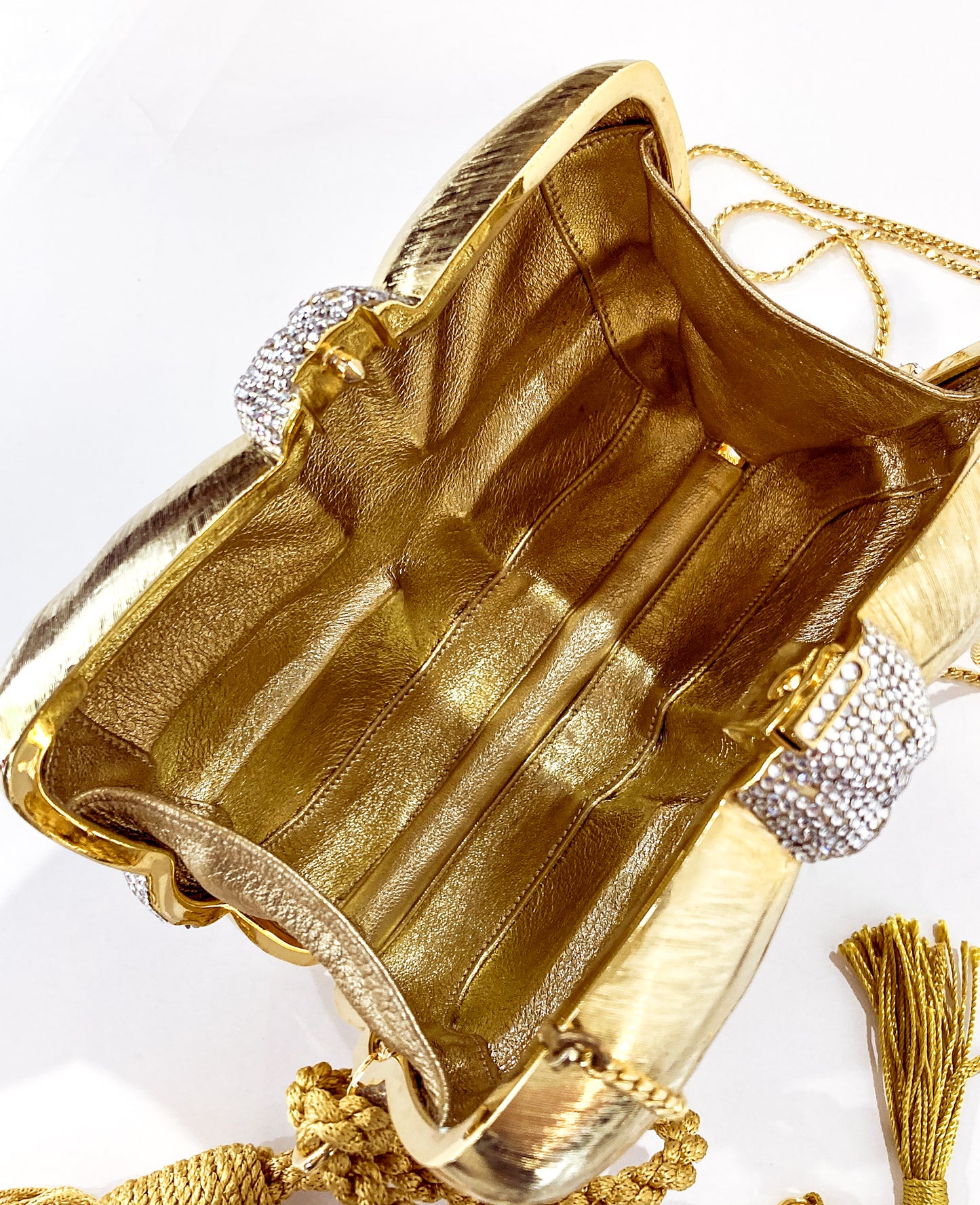 Vintage Judith Leiber Swarovski Crystal Gold Present Large Tassel Crossbody Clutch Bag