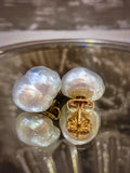 Vintage 14K Yellow Gold Large Silvery Blue Keshi Pearl Post Earrings